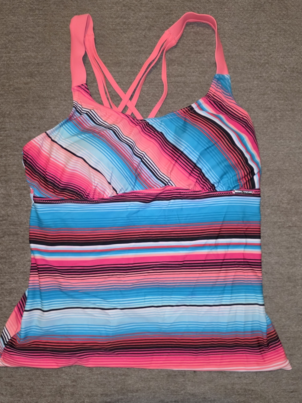 ZeroXposur Womens Tankini Swim Top Multi Striped Pink & Turquoise Crossback XL